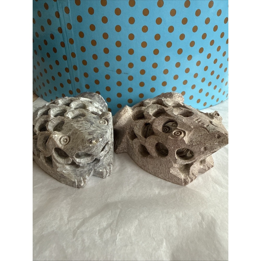 Soapstone Frog in Frog Carving Natural Finish 3.5" Nesting Baby Figurine India